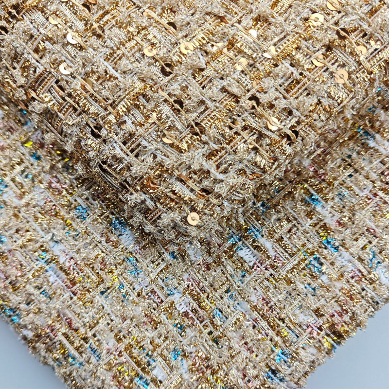 Sewing Tweed Fabric - Kain Tweed Rajut Berwarna Emas dengan